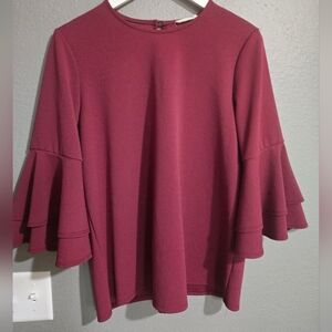 Tier Bell Sleeve Wine Red Blouse Size Large